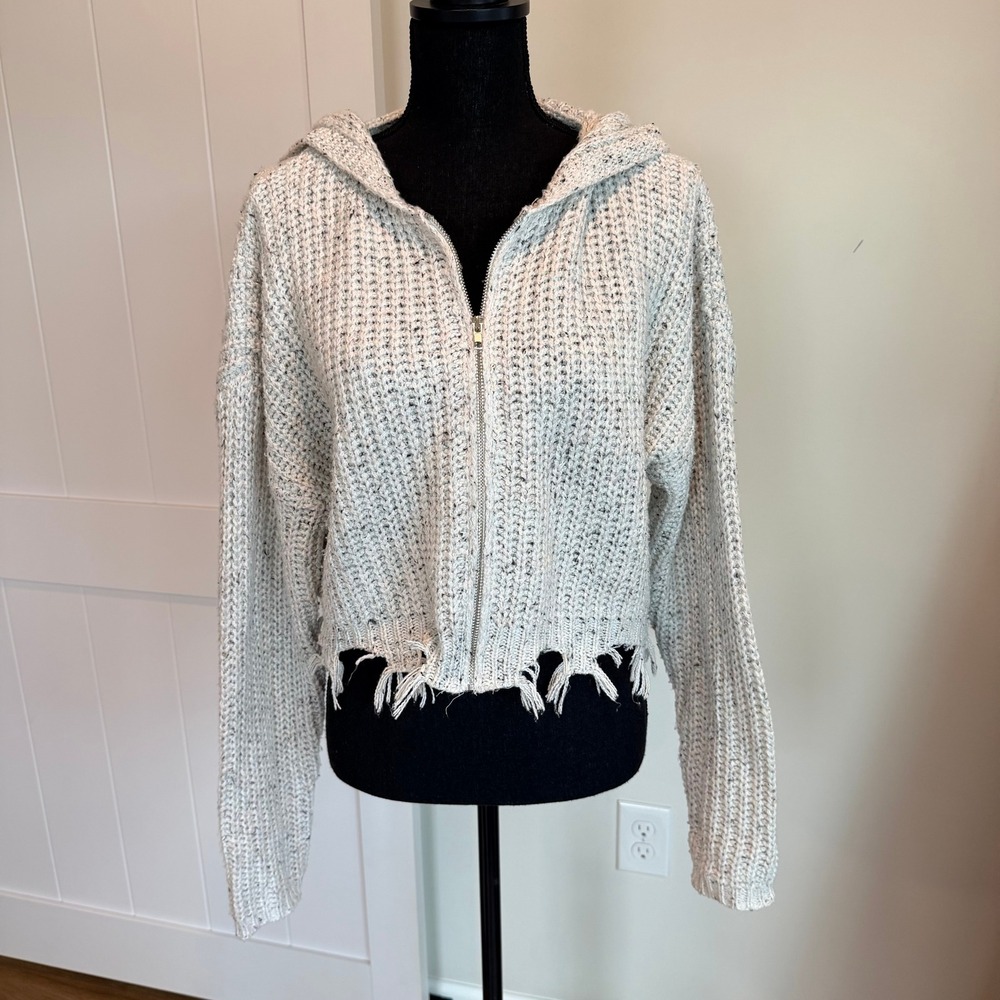 Mystree Women Small Cream Gray Marled Chunky Knit Zip Up Hooded Cropped Sweater